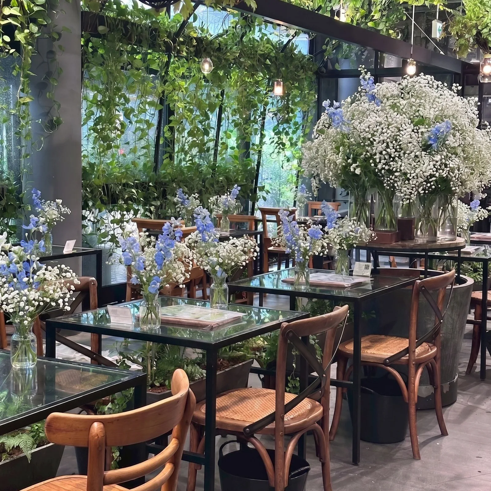 Photo by 青山フラワーマーケット ティーハウス on June 28, 2026. May be an image of dining table, flower arrangement, baby's-breath and text.