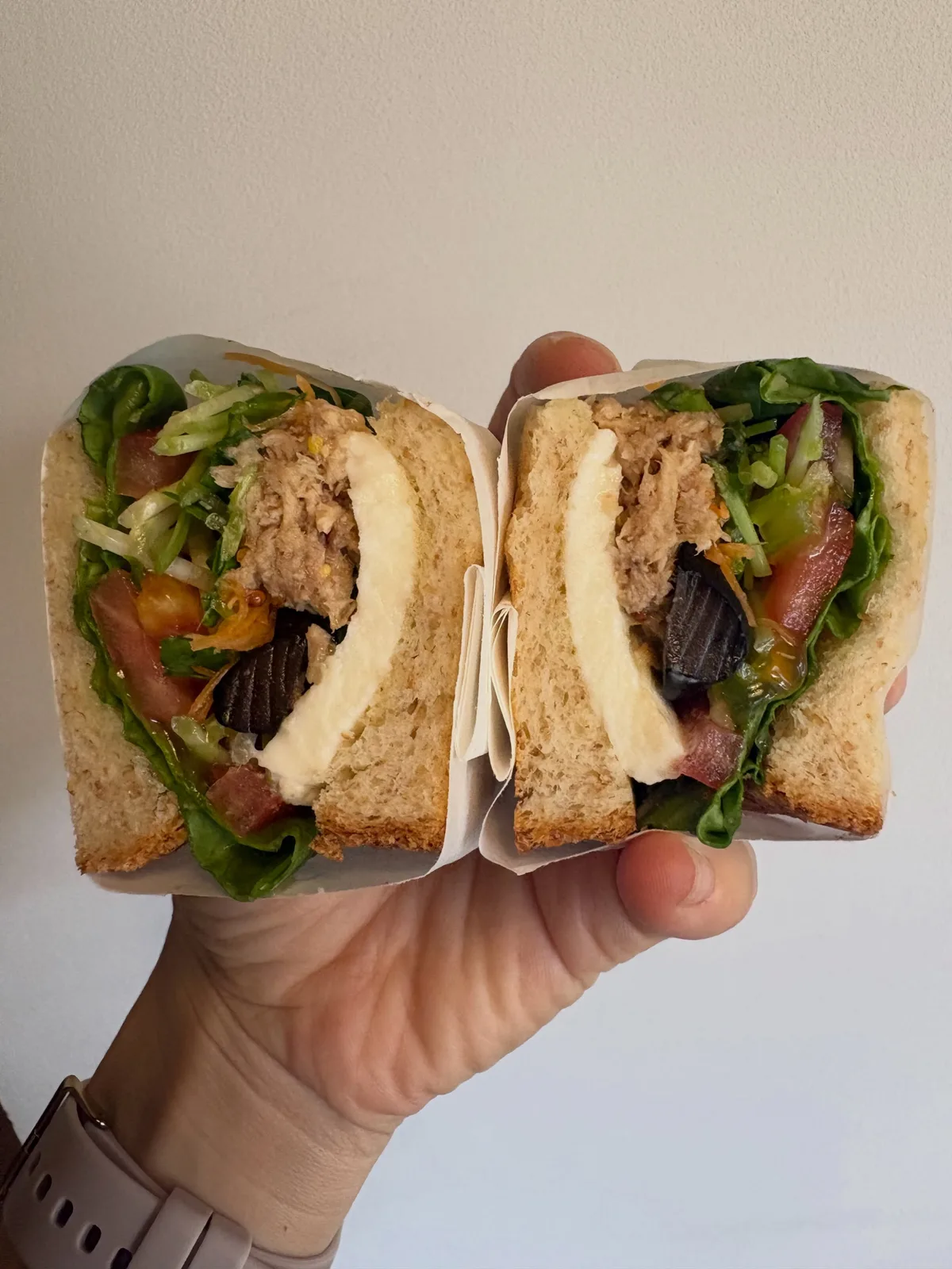 Photo by bluscafe on July 13, 2026. May be an image of club sandwich, chicken sandwich, tomato and text.