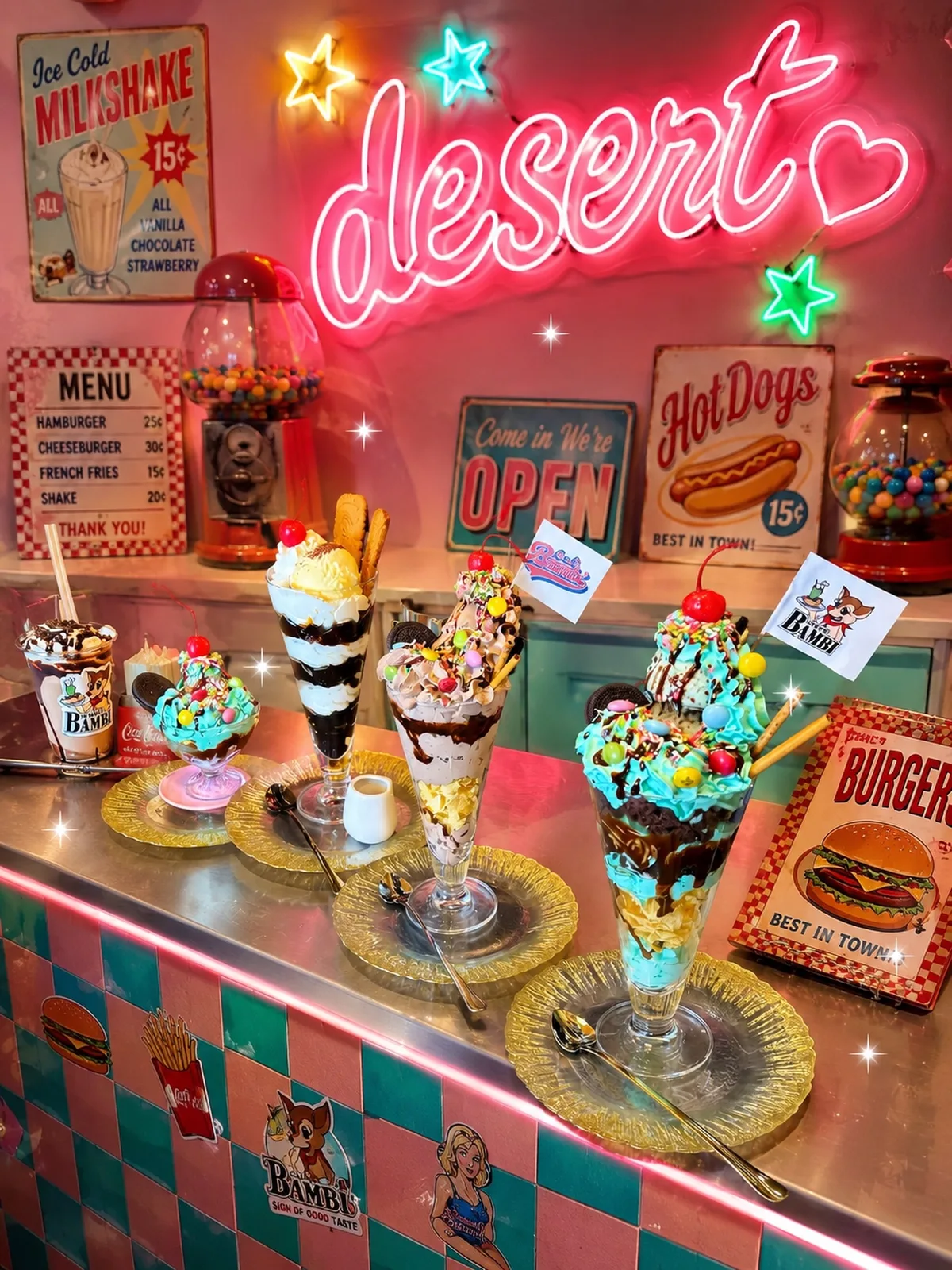 Photo by cafe BAMBI（カフェバンビ）/埼玉カフェ・グルメ on June 20, 2026. May be an image of ice cream and text that says 'MILISHAKE 154 VNILLA CHOCOLATE STRAWBERRY MENU HAMRURGER SHAKE THANKYOU! desert ComeinWere Come We're HotDogs OPEN 15 BEST IN TOWN! 后小 BAMBI BAME 금는는인가 BURGER BEST BESTINTOW IN TOWN TALTE'.